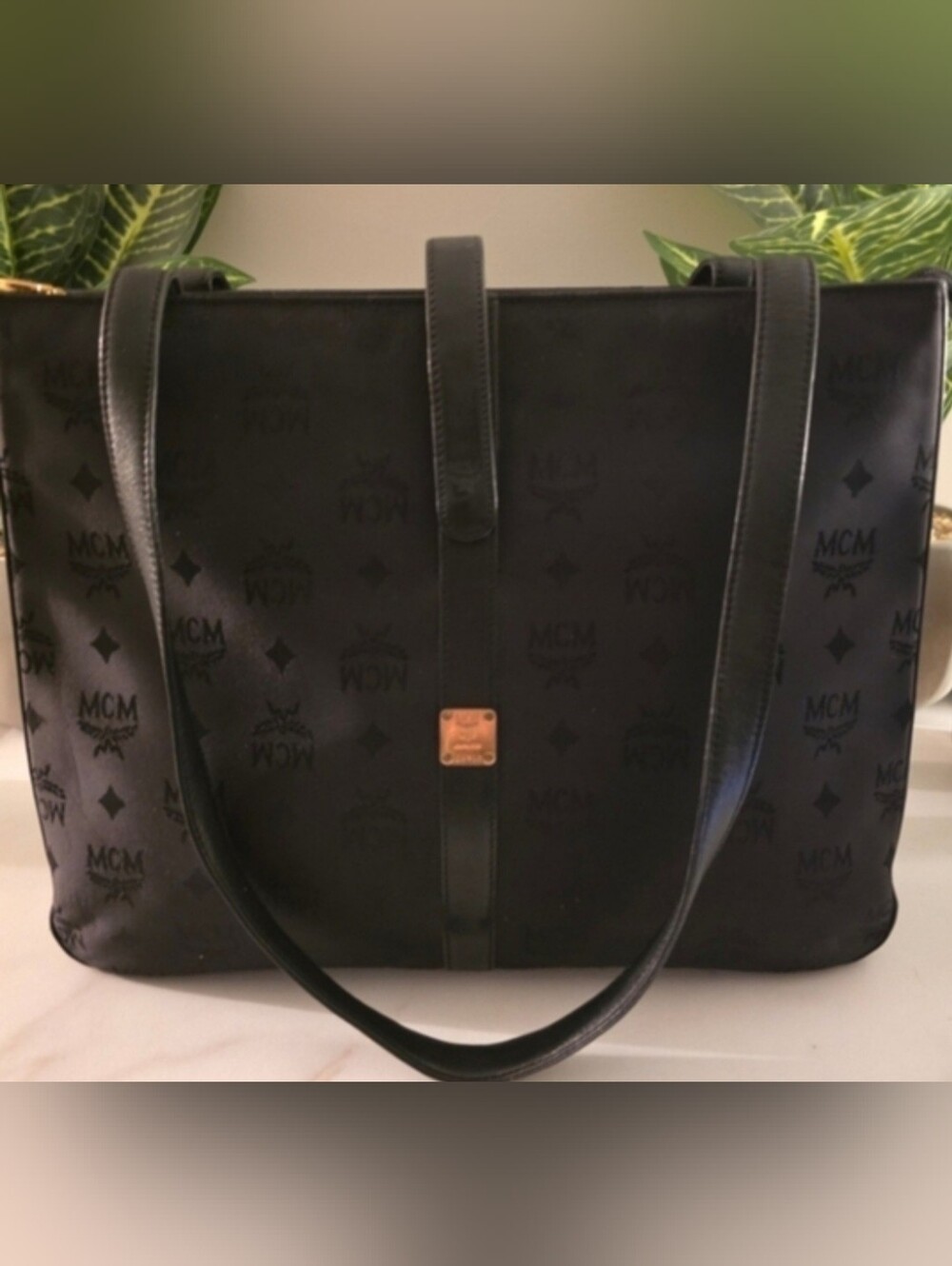 MCM Black Monogram Canvas Shoulder Tote with Leather Trim